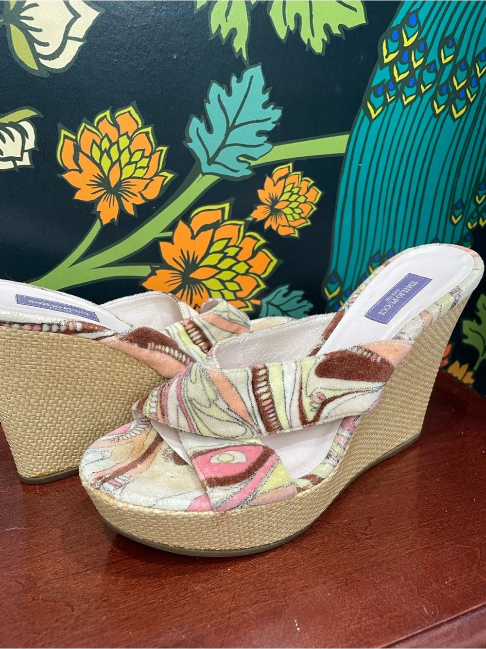 Emilio Pucci Velvet Print Wedge Mule Slides Size 39 Made in Italy